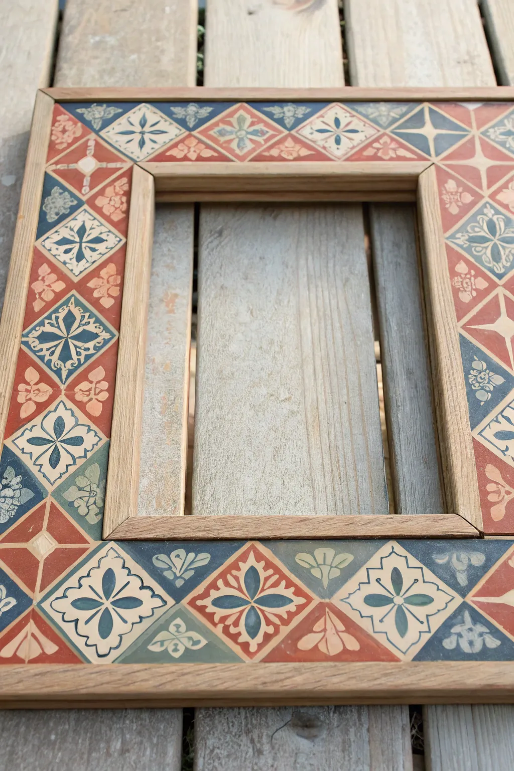 Hand painted stencil look tiles on a wooden frame, one corner mid process for easy DIY inspiration.