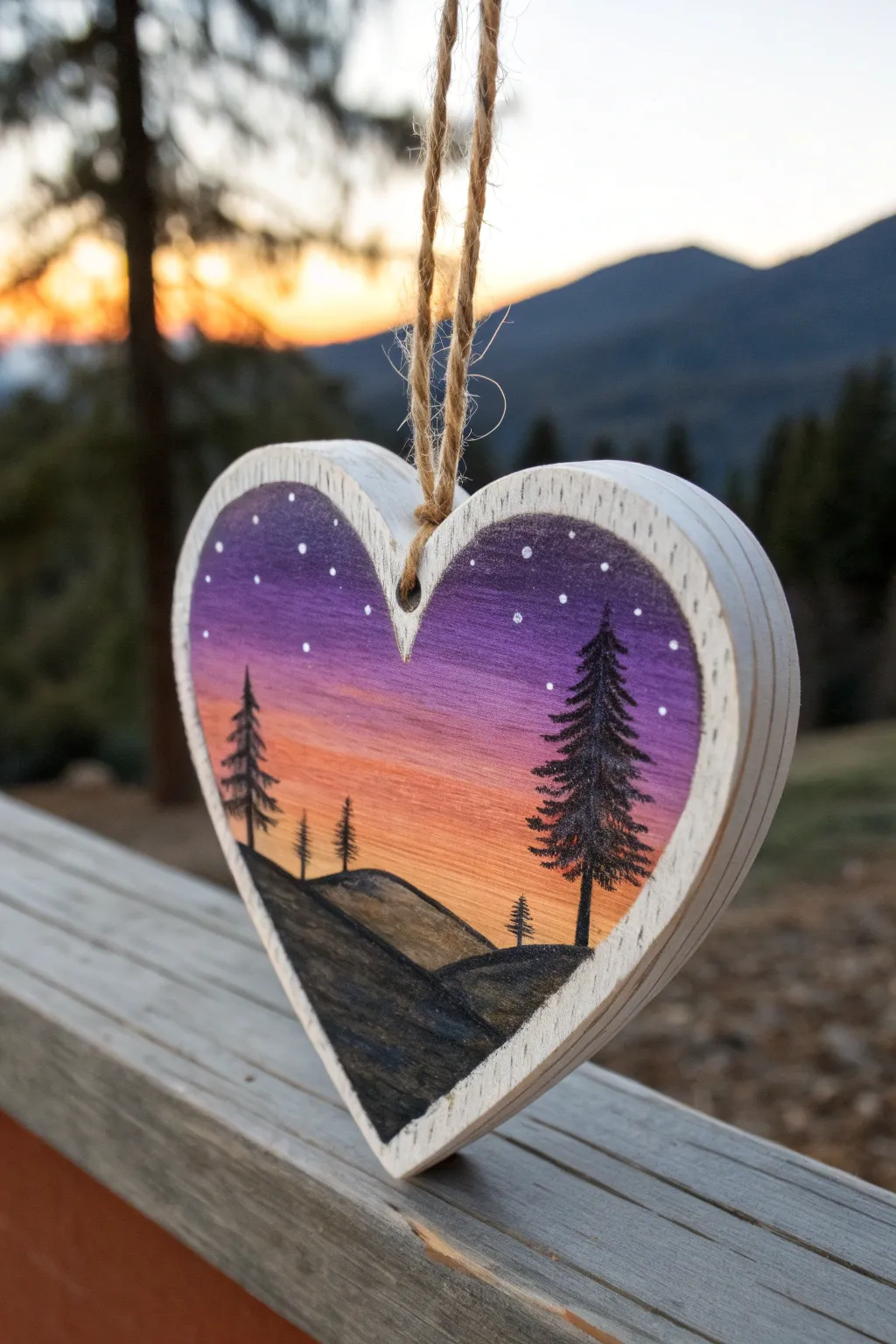 Mini sunset landscape on a wooden heart, warm-to-purple sky with tiny silhouetted hills.