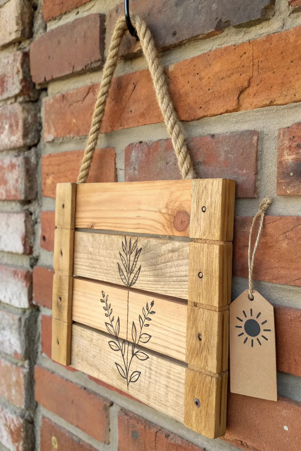 Minimal hanging pallet art with rope and tiny wooden tag, perfect for cozy Scandinavian decor.
