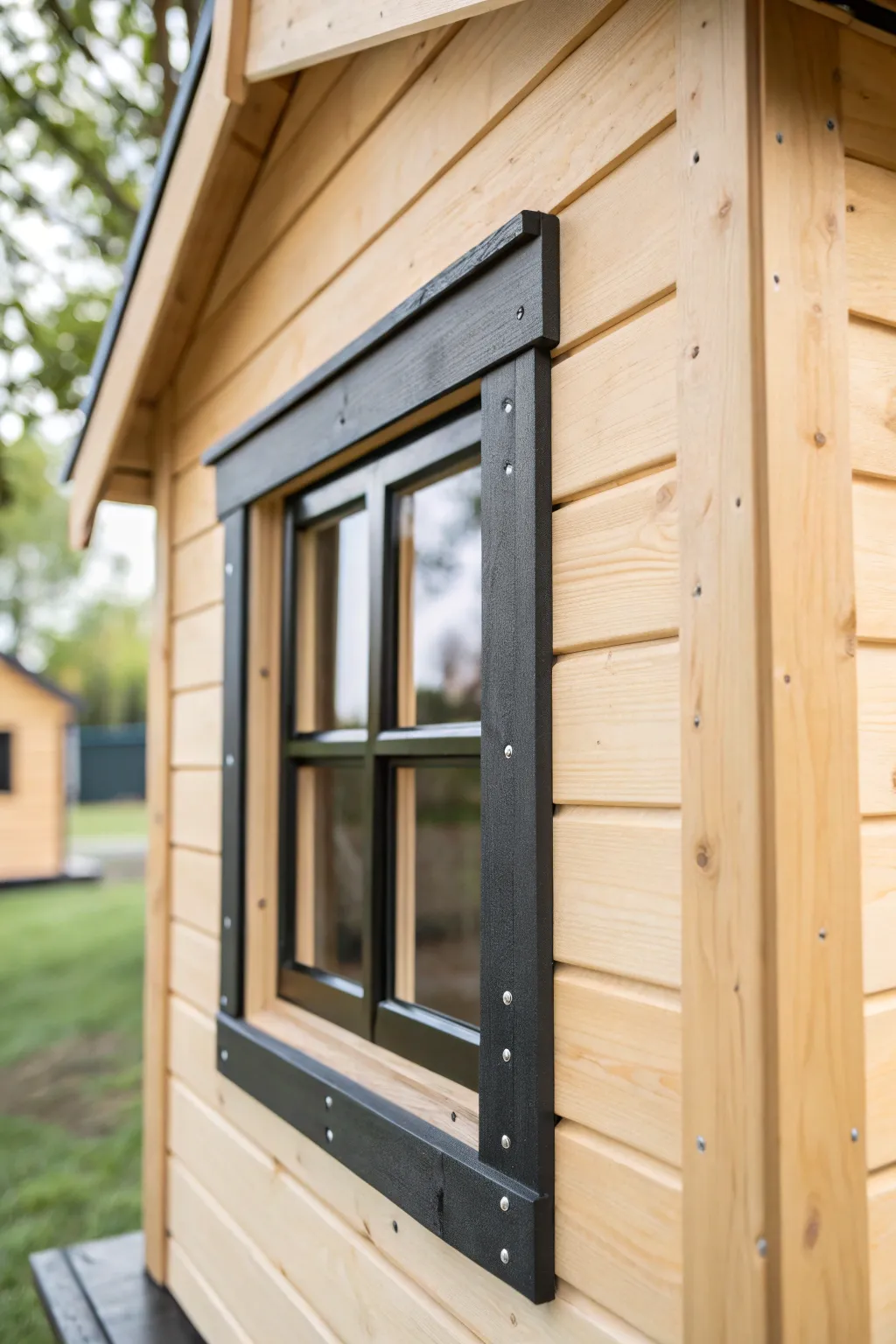 Crisp painted mullions on a tiny playhouse window, real-home detail in mini form, so chic