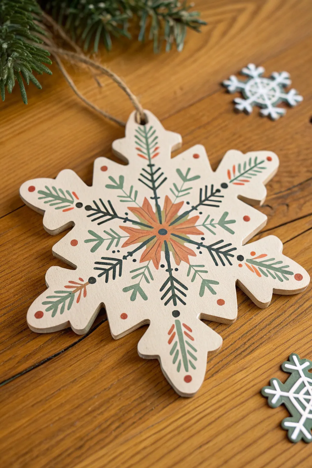 Scandi folk snowflake on warm wood, simple motifs and muted winter tones for cozy craft inspo