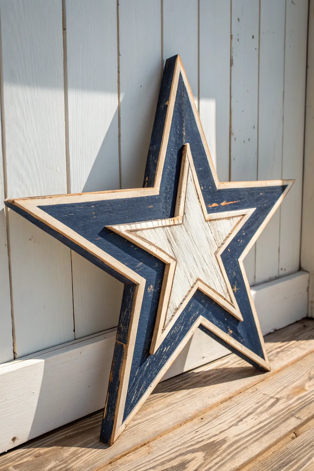 Navy and cream distressed wooden star, simple farmhouse charm with modern Scandinavian calm.