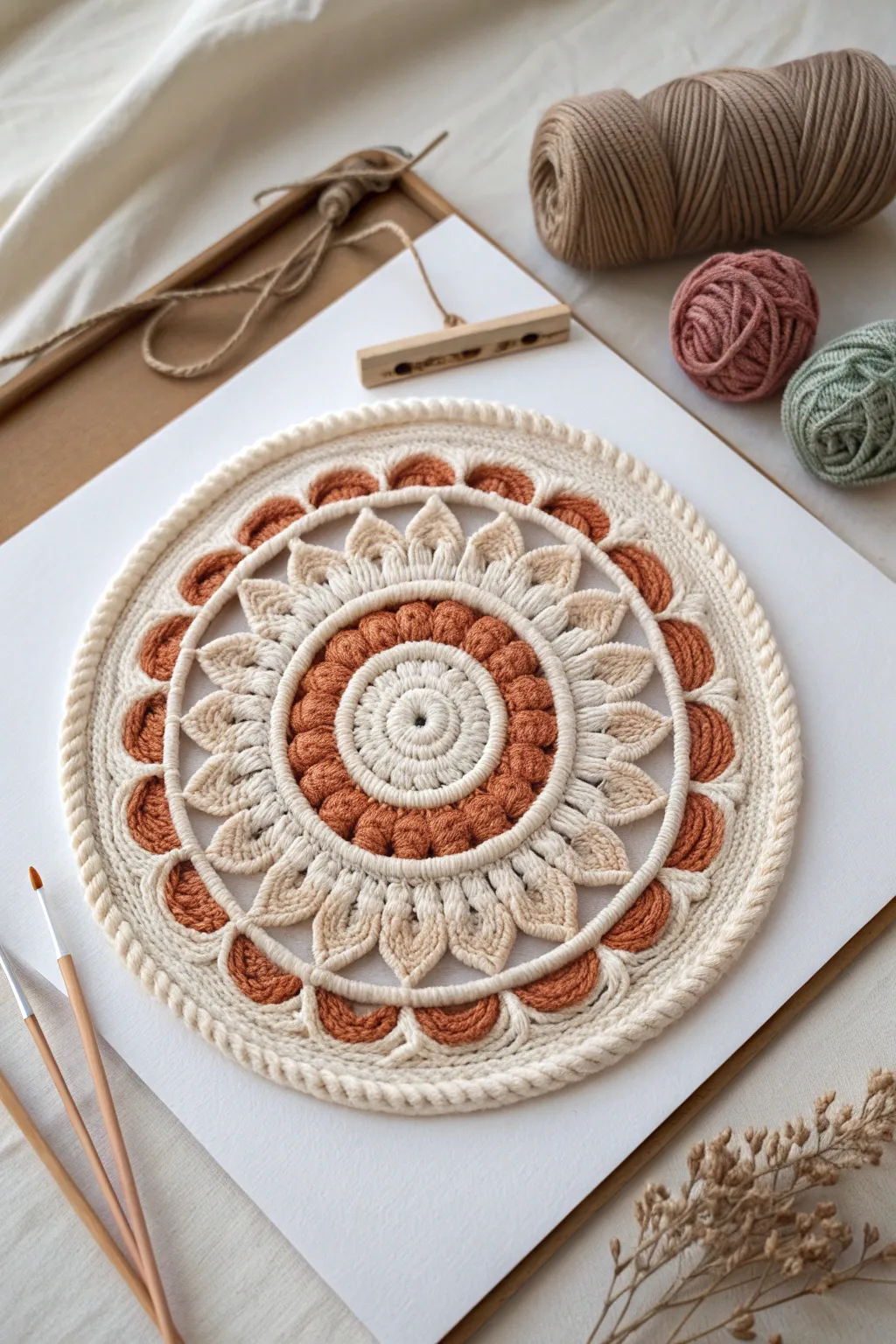 Minimal boho yarn mandala with crisp loops and soft shadows for calming circular wall art