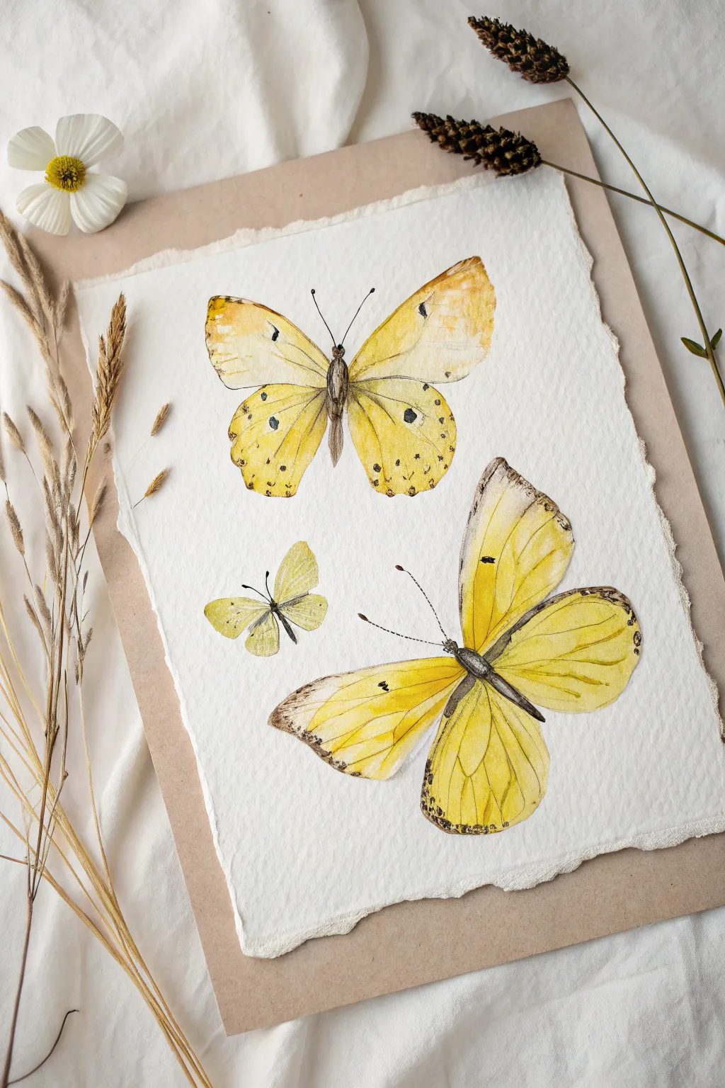 Loose yellow watercolor butterflies with airy washes and crisp details on bright white paper