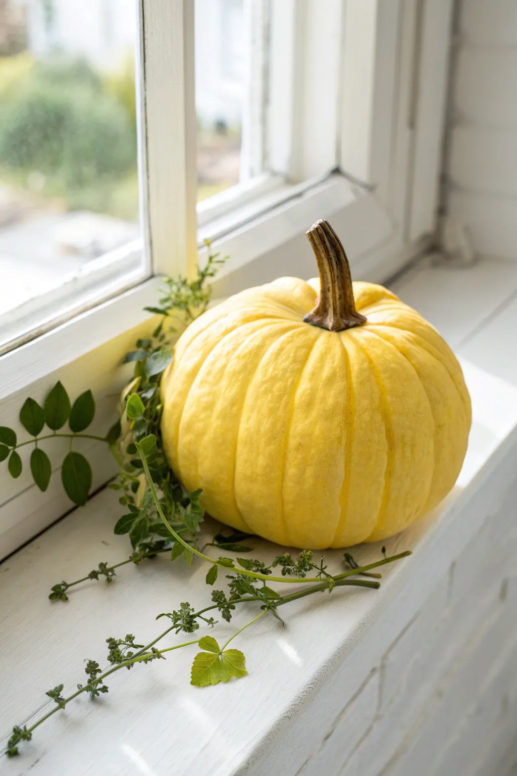 Lemon-inspired yellow pumpkin with citrus leaves on a bright white backdrop