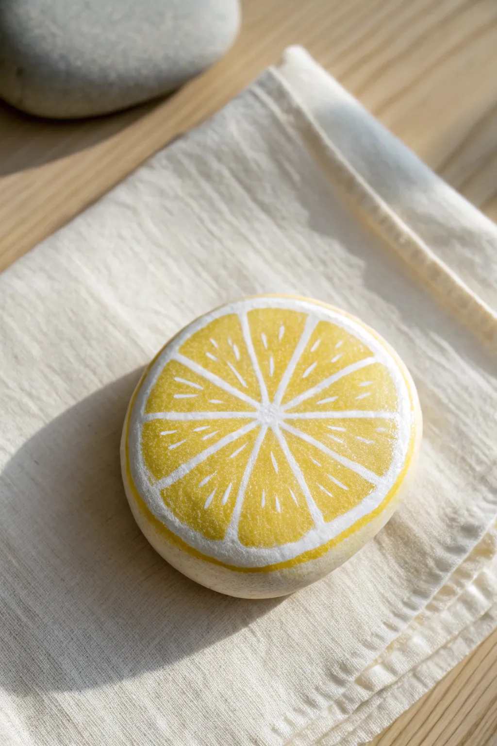 Lemon slice rock painting in sunny yellows, minimal Scandinavian styling and crisp contrast