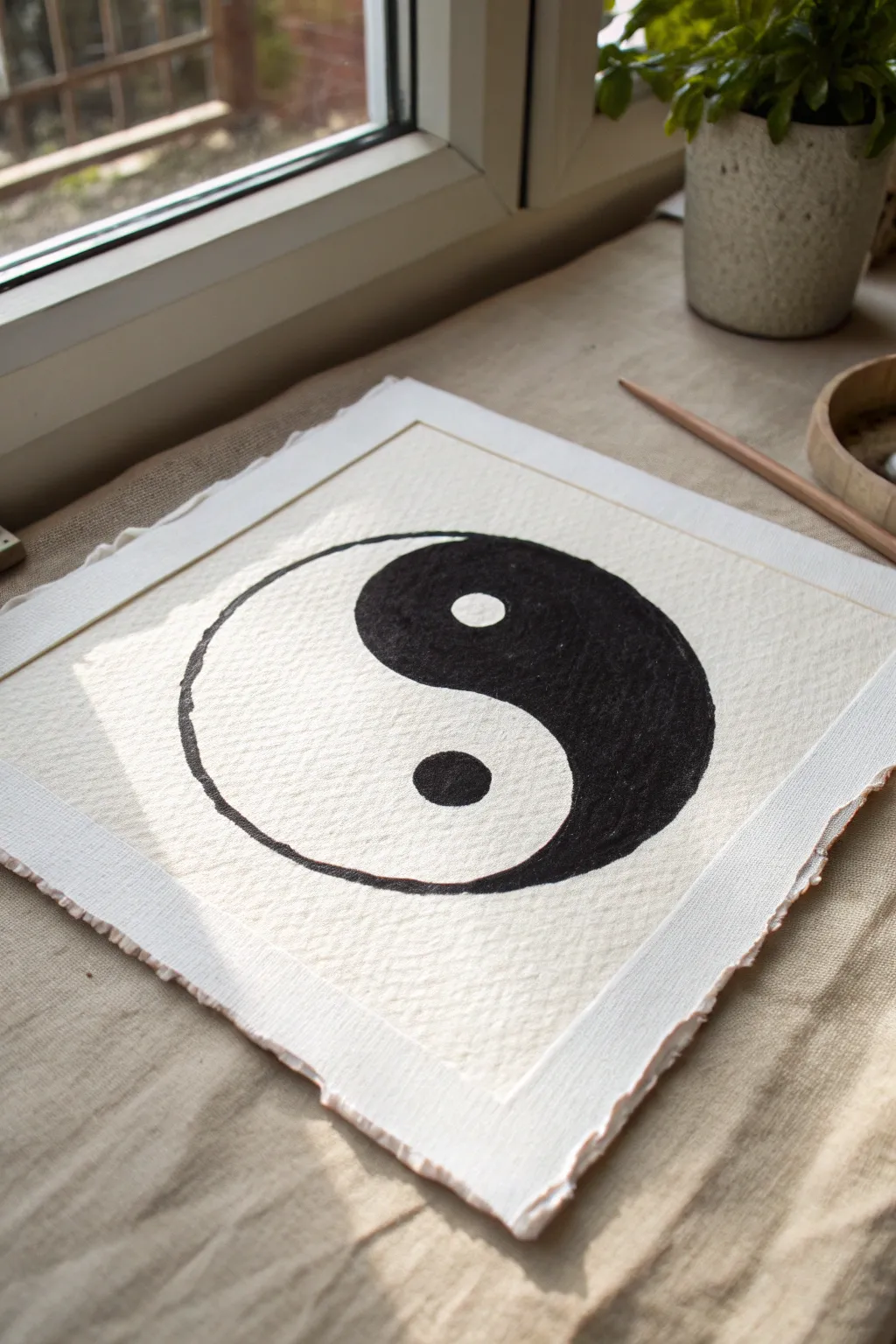Negative space yin yang illusion with bold black surround and satisfying cutout-style dots