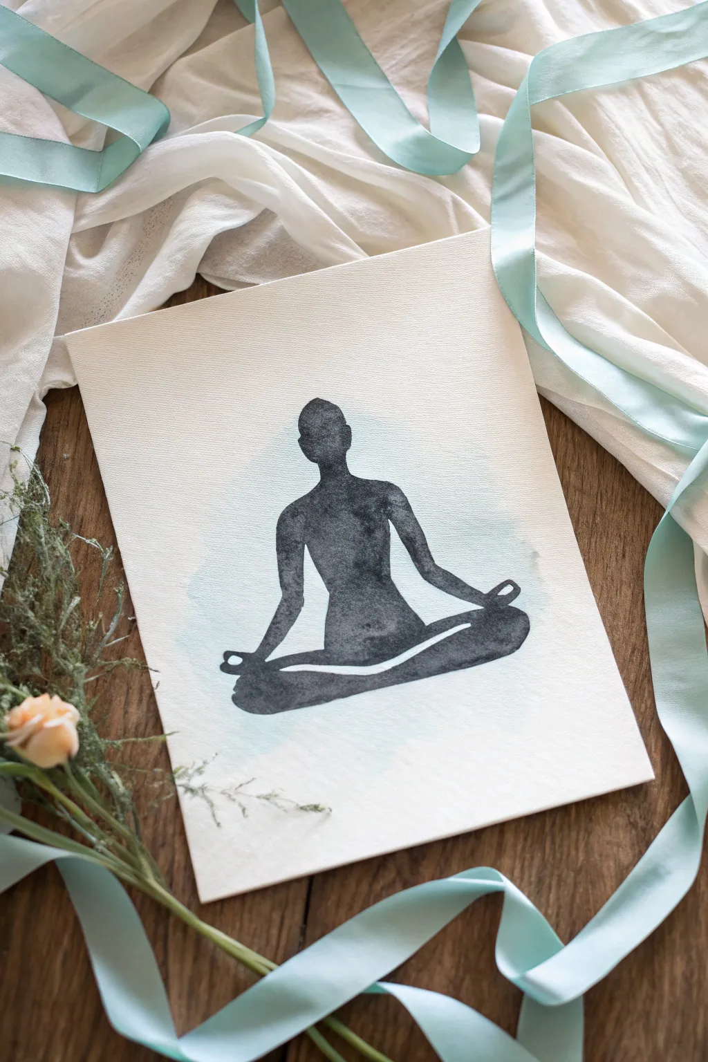 Paint a serene yoga silhouette with translucent breath ribbons for a minimalist boho vibe.