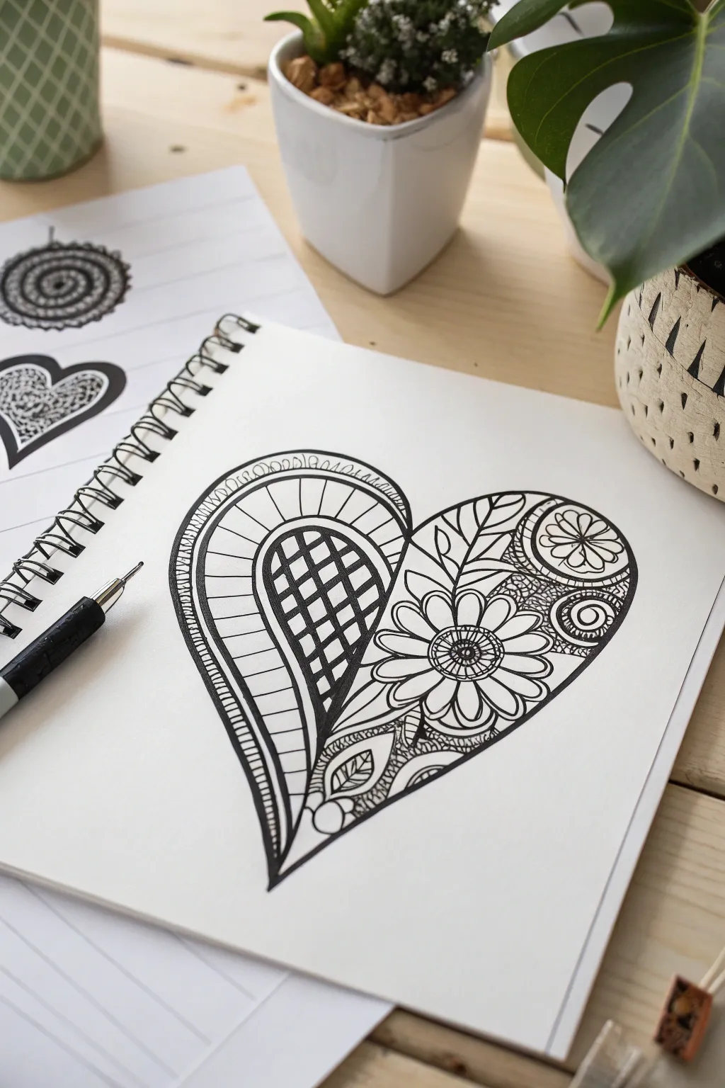Create calming zentangle magic by filling a bold heart with crisp black-and-white patterns.