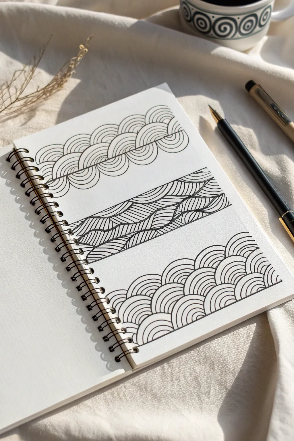 Wavy water-line zentangle with subtle ripple shading to create simple black-and-white depth
