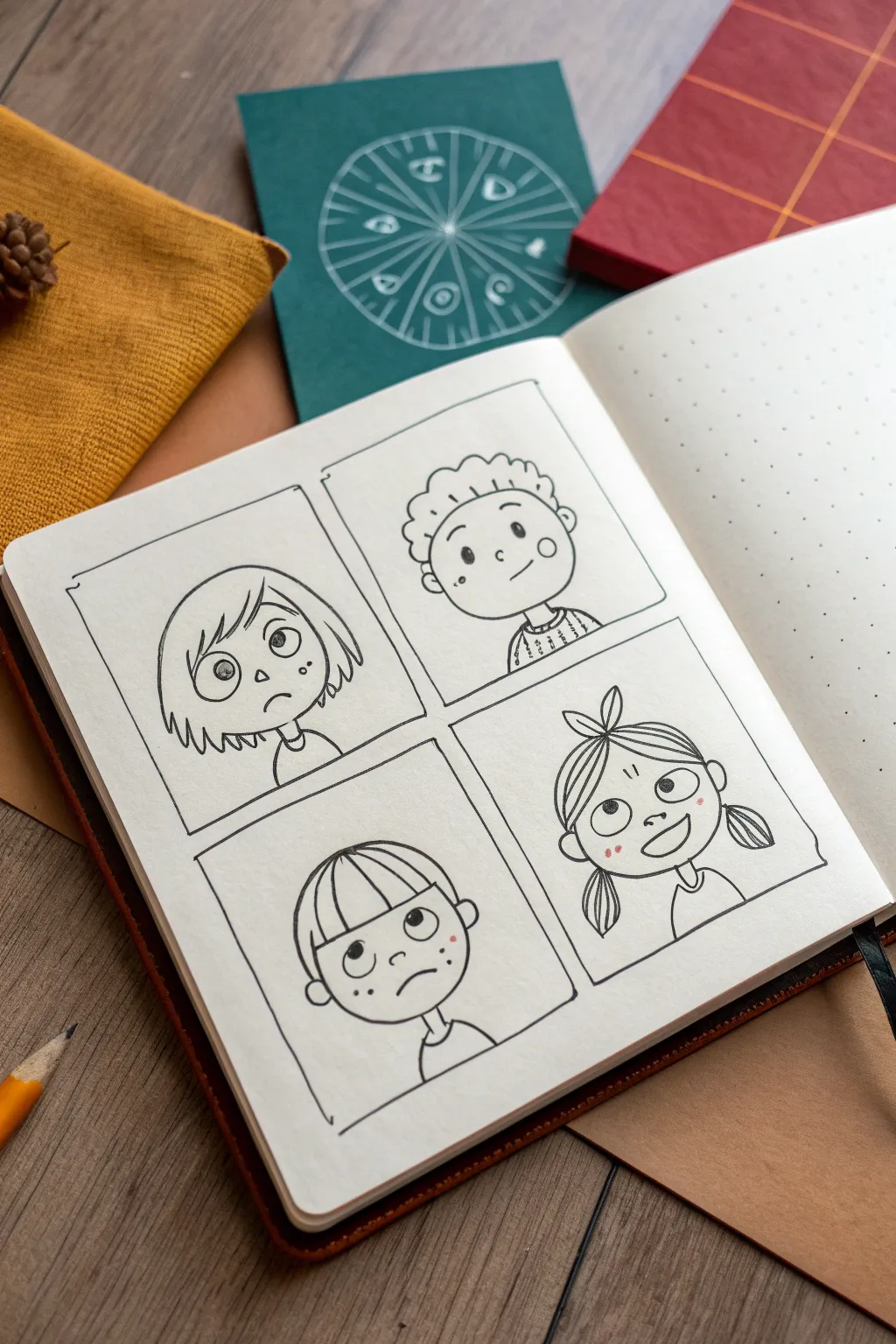 Crisp emotion face grid for 10-year-olds, minimalist sketchbook style with bold color accents