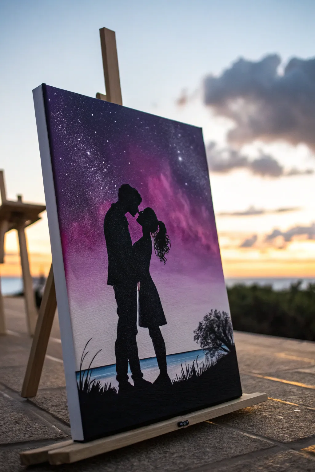 Beginner-friendly silhouette portrait: bold gradient sky, minimal lines, big mood, easy acrylic win.