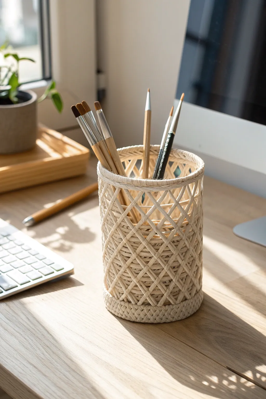 Woven-line 3D pen cup in bold cobalt, a minimalist boho desk upgrade with handcrafted charm