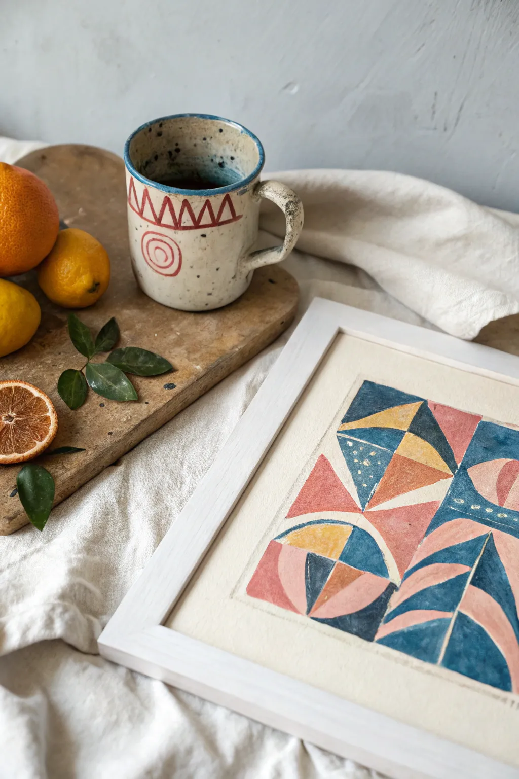 Abstract still life in bold shapes and playful color blocking for minimalist boho walls.