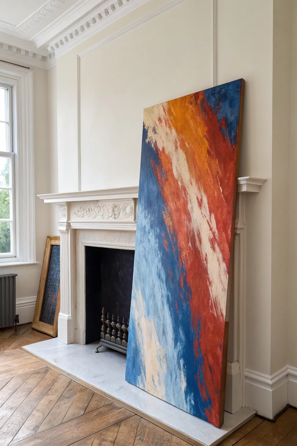Relaxed mantel styling: a bold abstract canvas leaning casually for an effortless living room look.