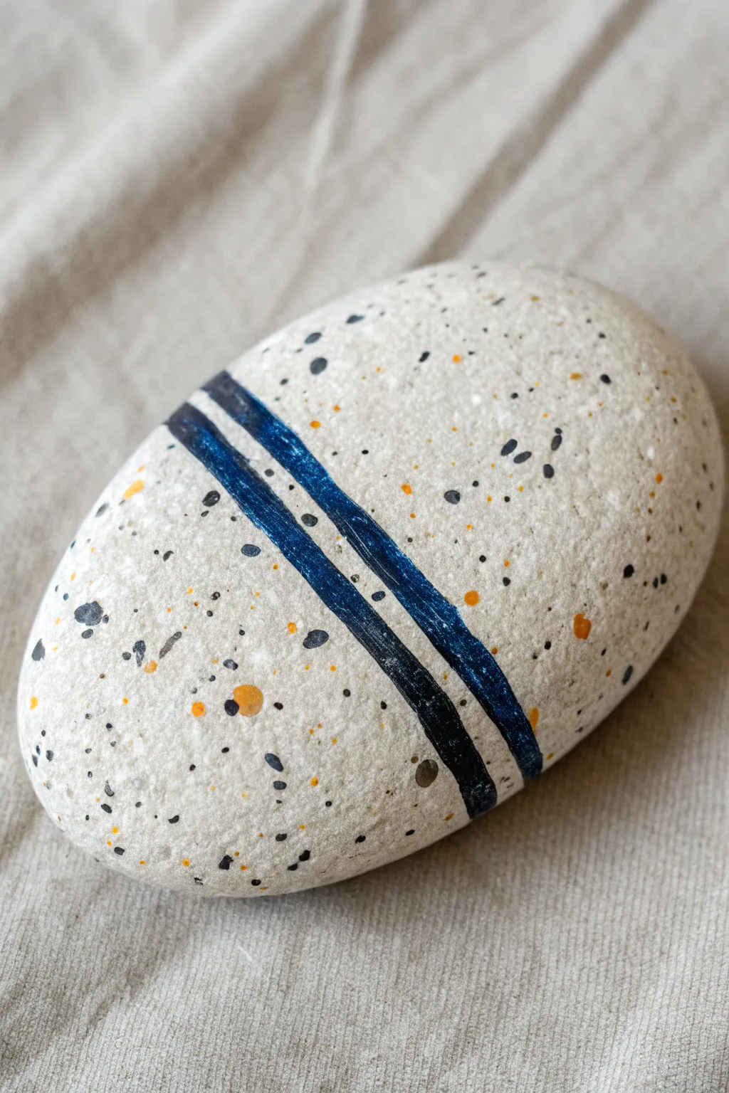 Bold splatter dots plus crisp stripes on a single rock for a striking abstract DIY look