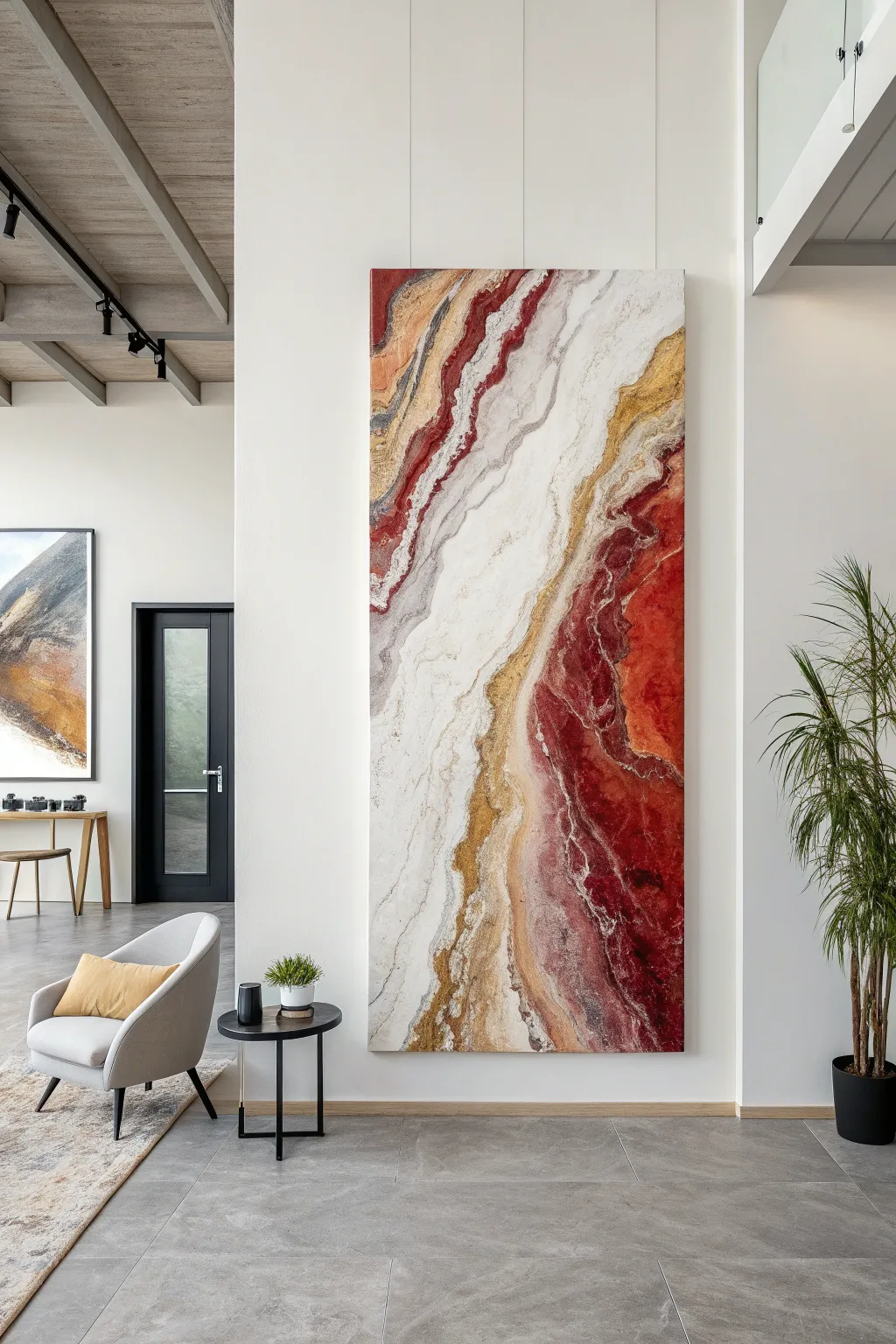 Pour-style abstract on a giant panel with bold color flow, glossy pooling, and refined cells texture