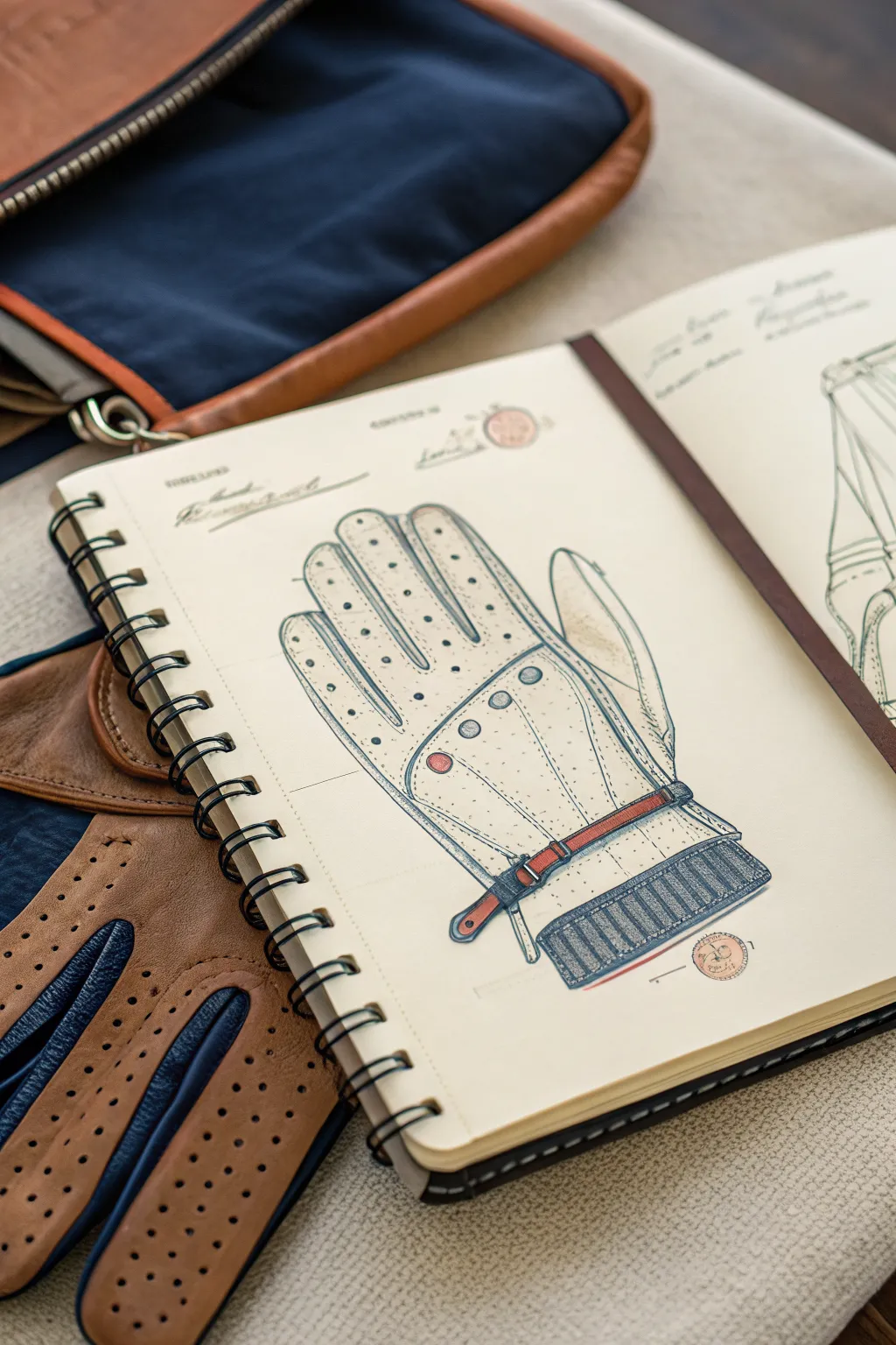 Minimal glove pose study with seams and straps, bold ink accents, clean Scandinavian boho vibe