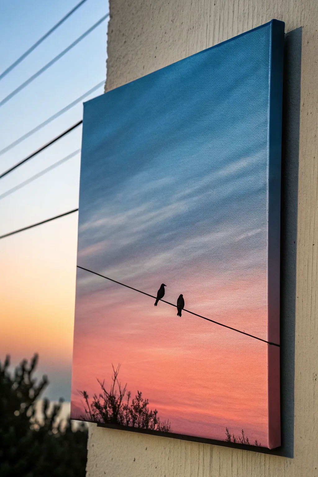 Minimal birds on a wire acrylic canvas: soft gradient sky, bold silhouettes, calm negative space