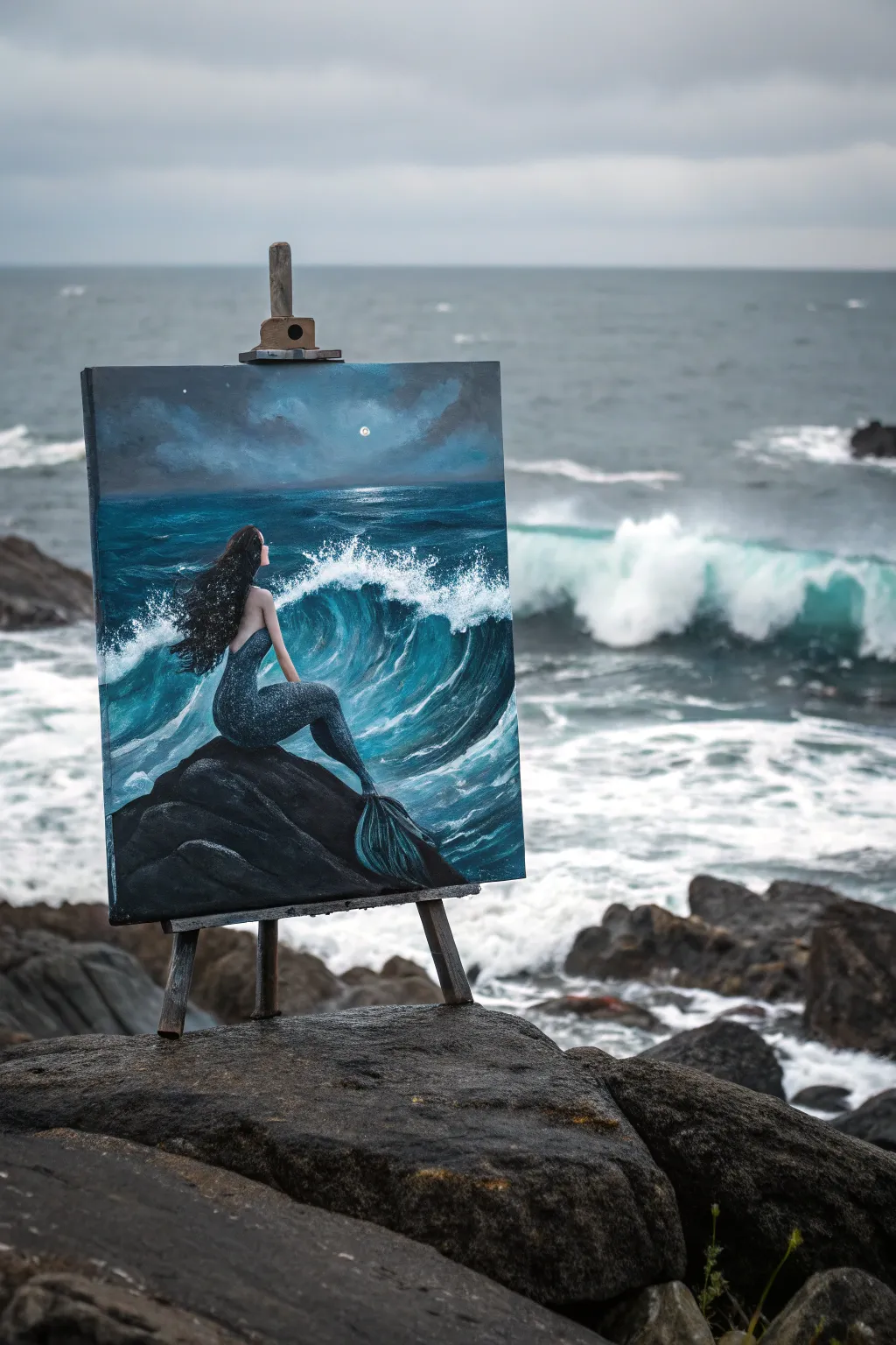 Stormy sea mermaid acrylic idea with bold blues and bright foam highlights for dramatic contrast