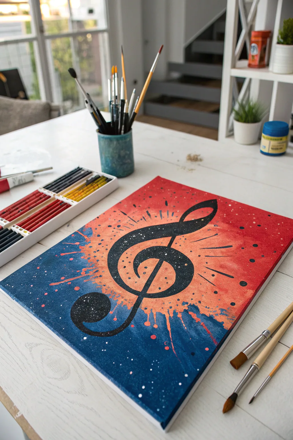 Drips and splatter turn a simple treble clef into bold rhythm with minimalist boho flair