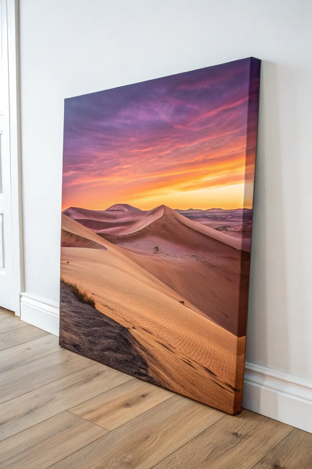 Desert dunes at dusk acrylic study with smooth blends, bold purple-orange sky, crisp shadow