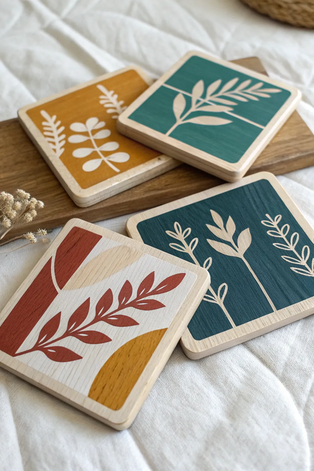 Acrylic-painted wood square coasters in bold botanicals, stacked for a clean boho look.