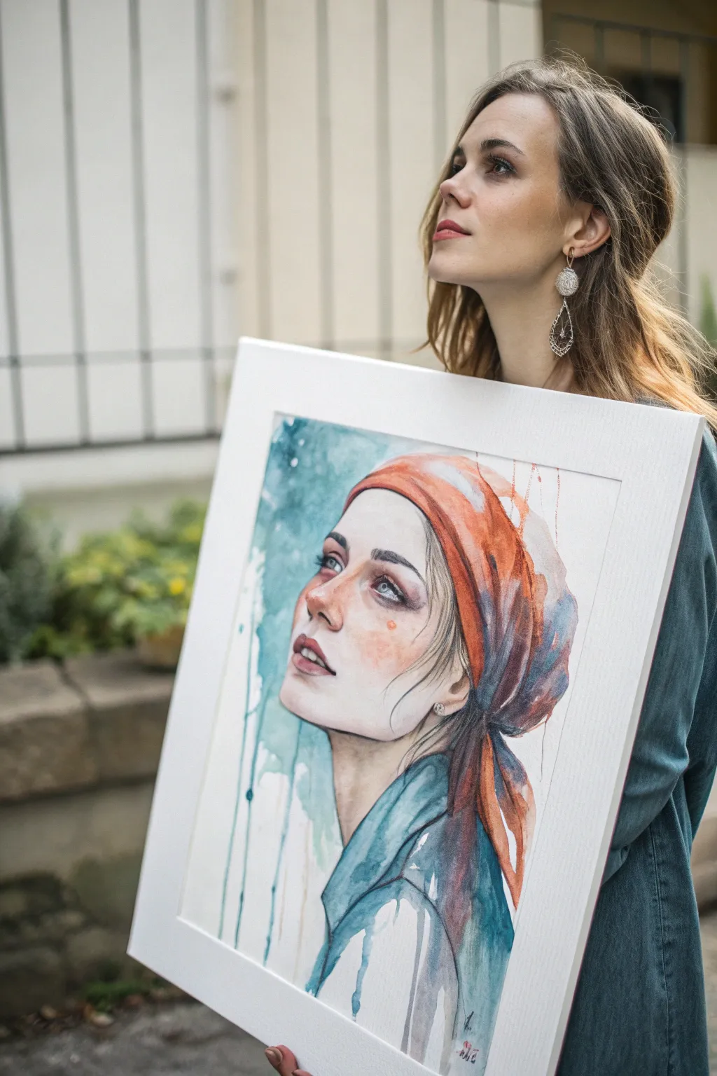 Watered-down acrylic wash portrait with soft drips and luminous layers in bold boho tones.