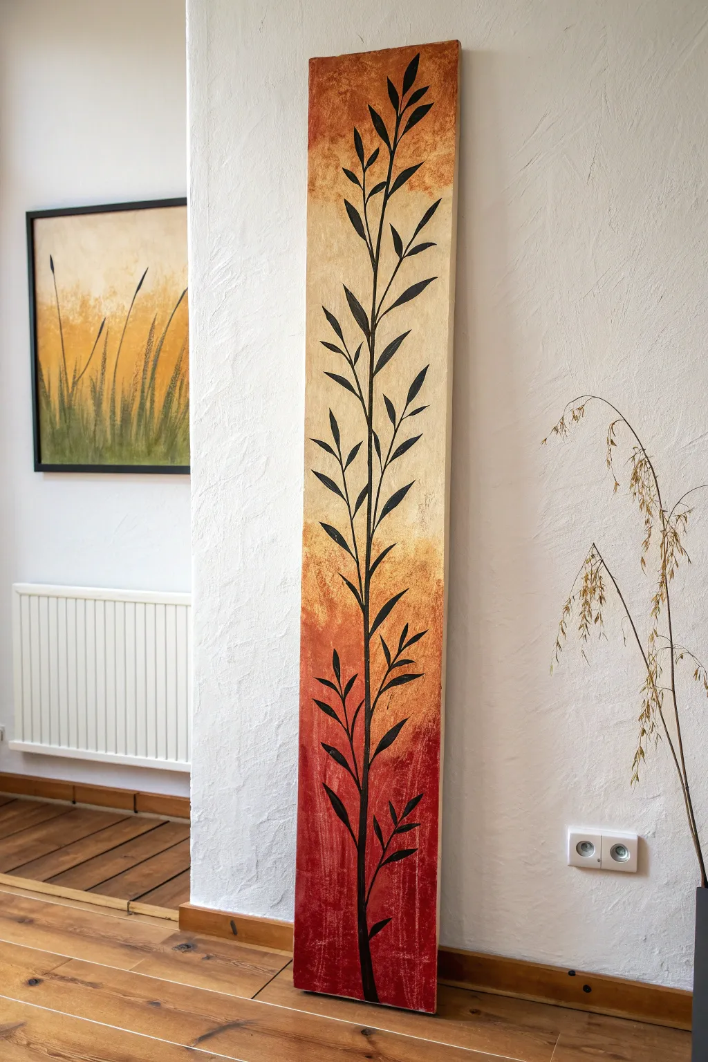 Slim vertical acrylic panel brings bold Scandinavian-boho color to narrow walls with ease.