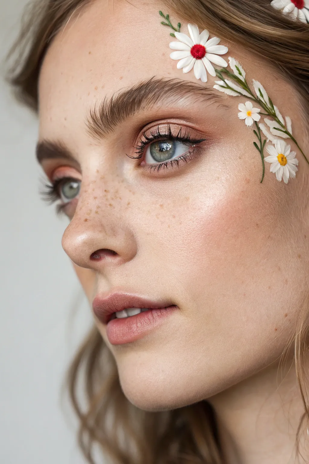 Romantic floral eye paint with airy petals and vines, studio-clean finish and bold contrast