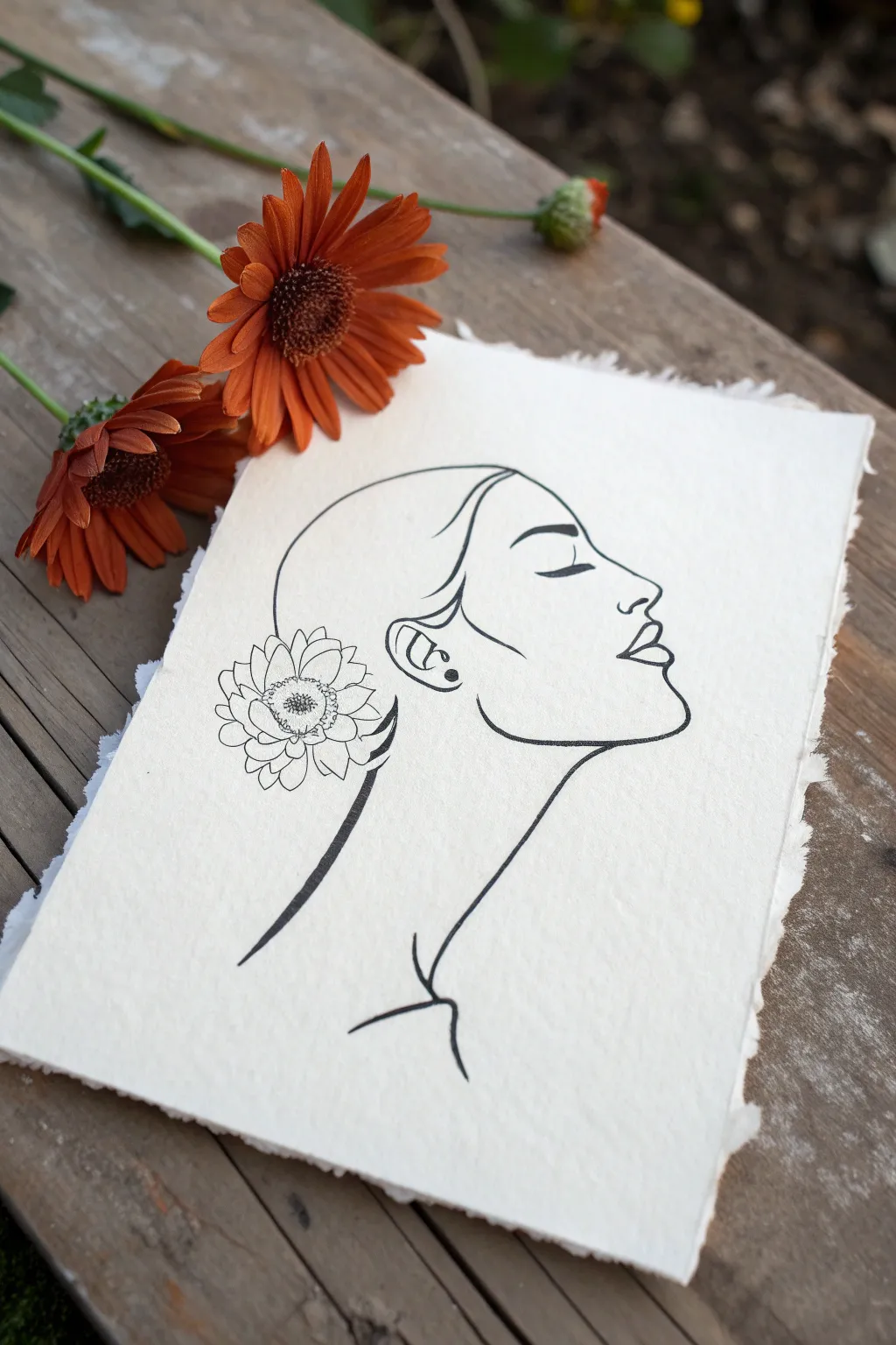 Minimal one-line face profile with a single bold flower pop for instant drawing inspo
