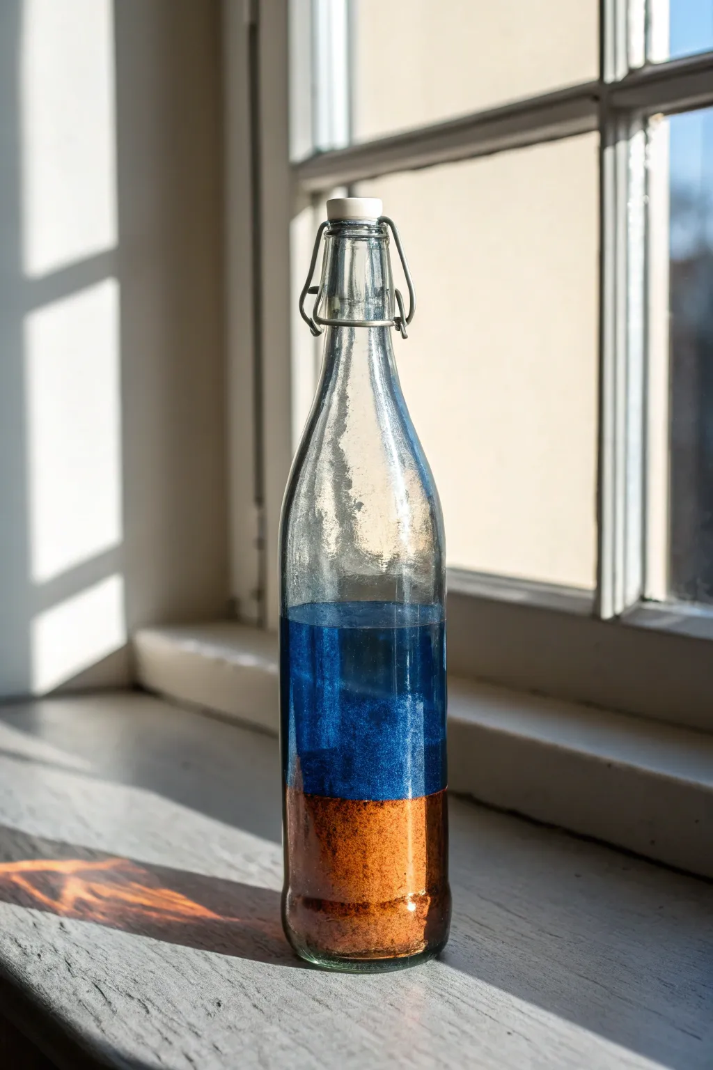 Two-tone glass bottle: inside painted cobalt, outside clay, glowing in soft window light.