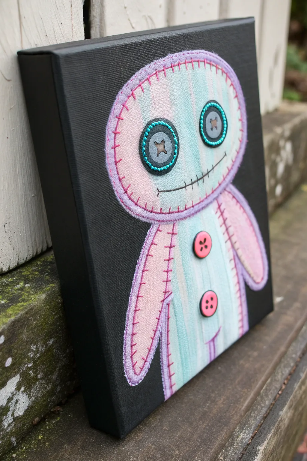 Pastel goth meets minimalism with a creepy-cute button-eyed doll portrait on a dark background.