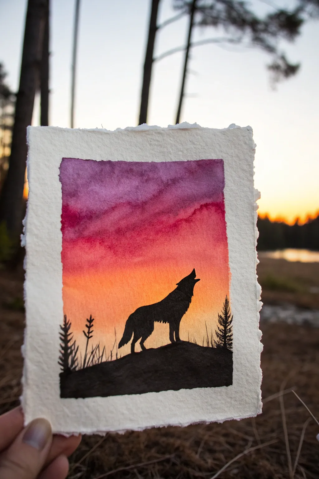 Bold wolf silhouette on a glowing sunset wash, minimalist and striking with artisan detail