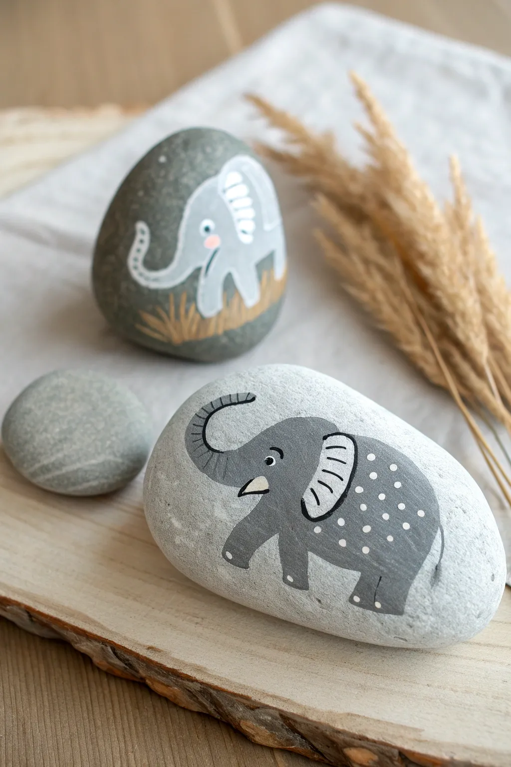 Layered-ear elephant painted rock in soft gray, Scandinavian minimal boho setup with bold teal pop