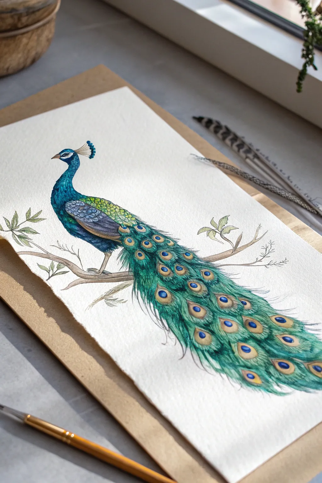 Jewel-tone peacock feather fan painting idea with bold contrast on a calm neutral background.