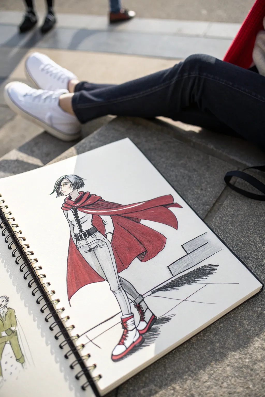 Anime cape drawing idea: bold shoulder folds and wind-blown motion in a minimalist, striking palette