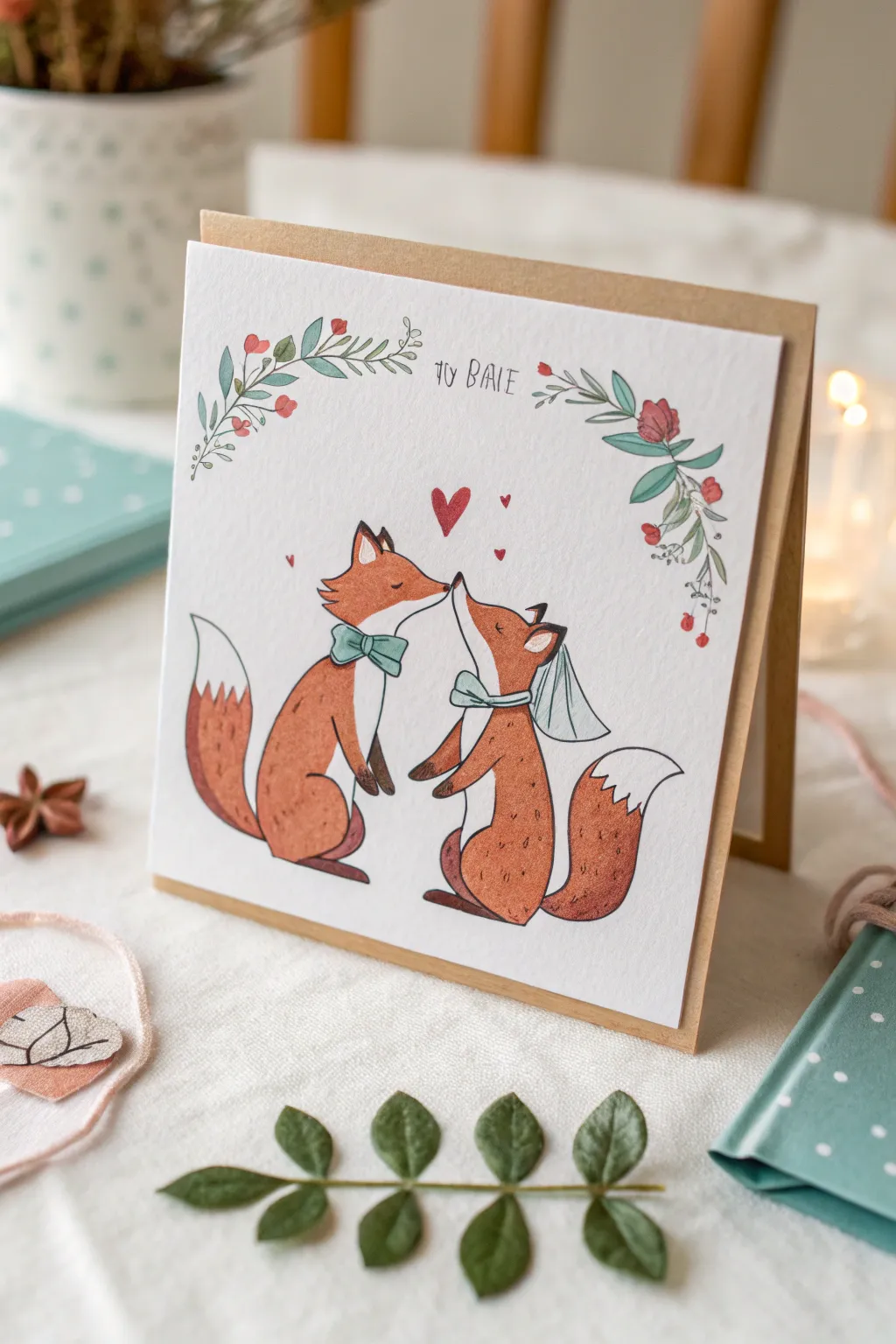 Sweet animal couple anniversary card idea with minimalist lines and bold boho color accents