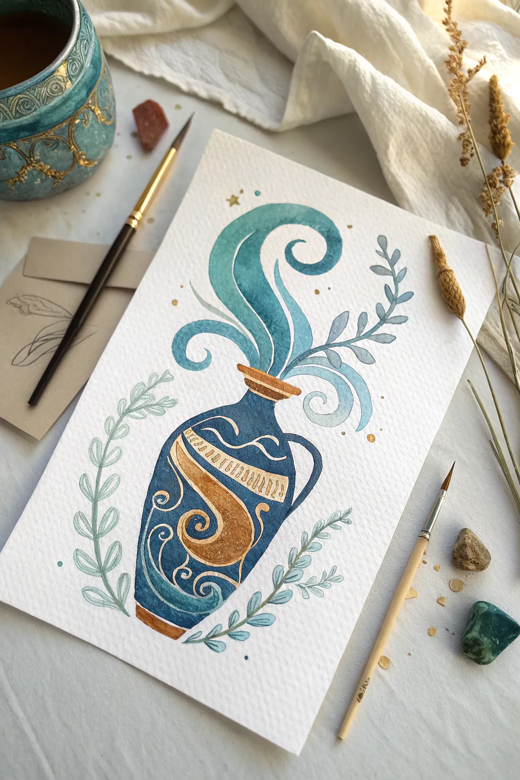 Minimal Aquarius art: urn pours a magical water ribbon in bold blues and gold accents.