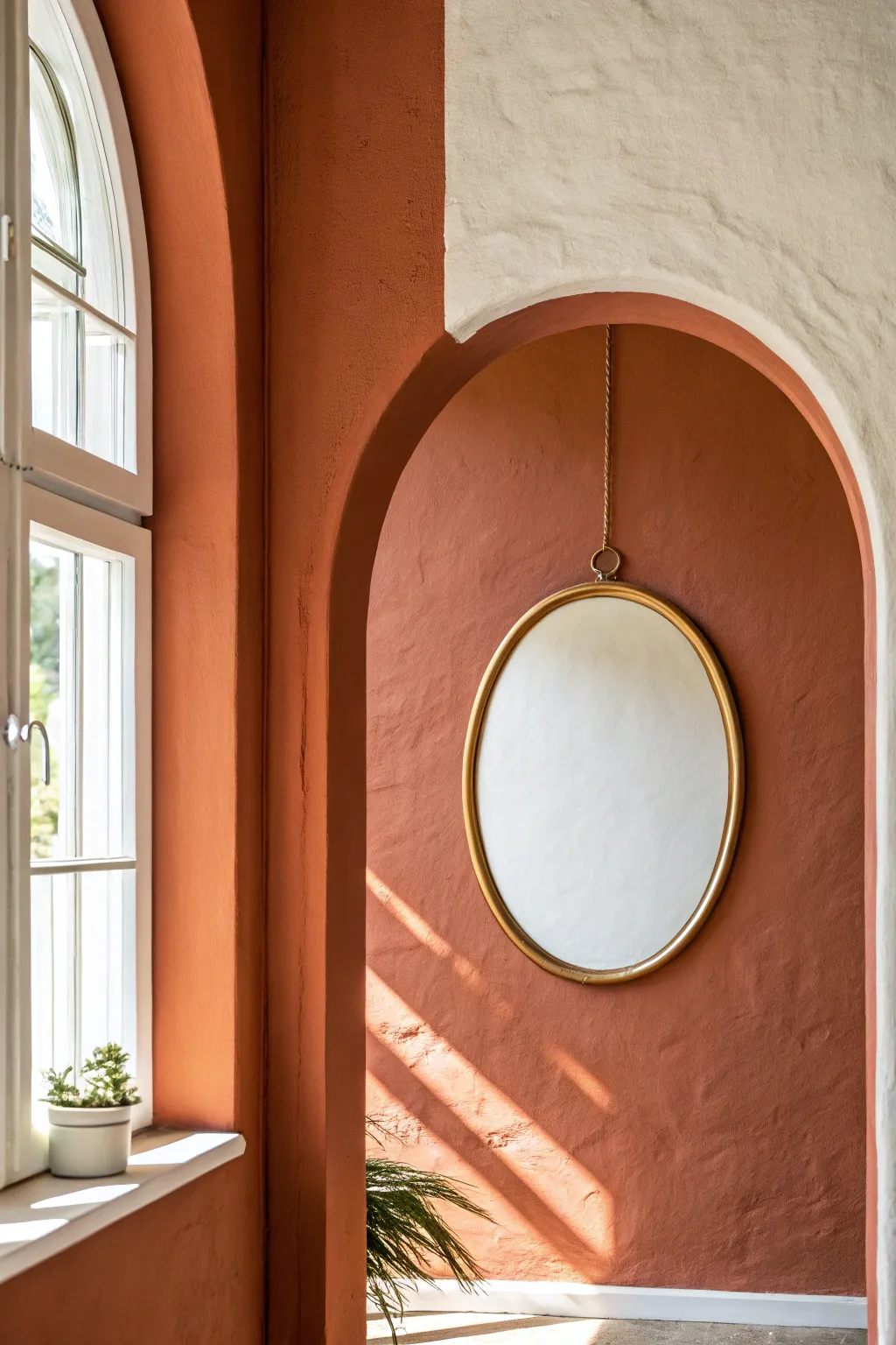 Round mirror perfectly centered in a bold painted arch for a calm, modern boho statement.