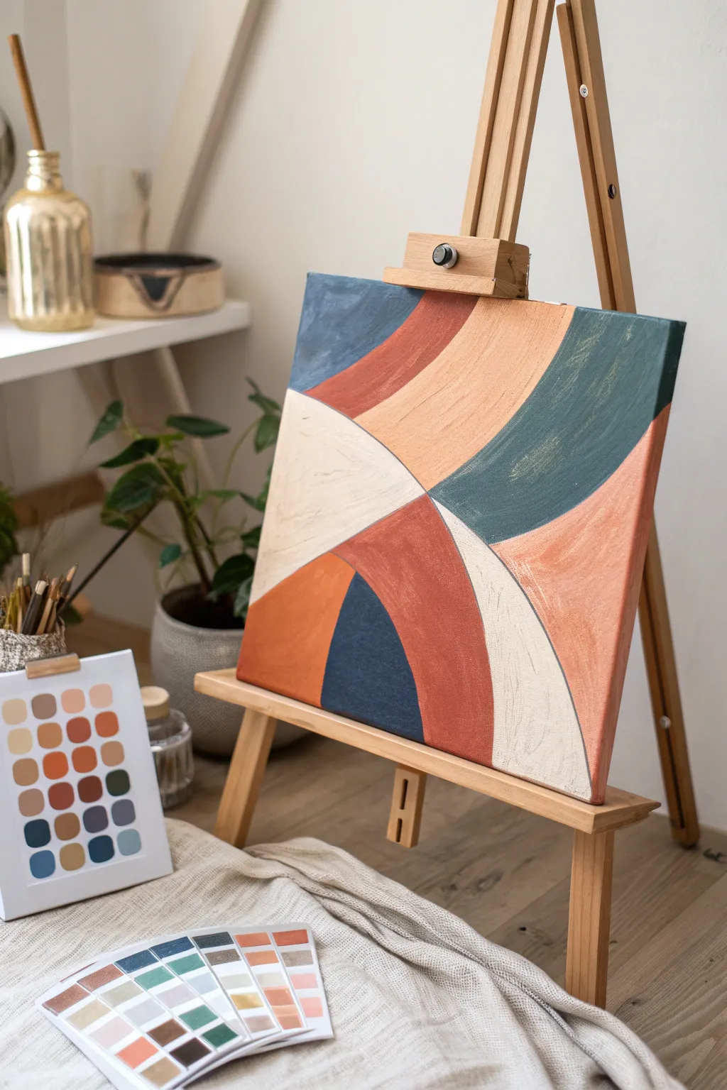 Textured abstract canvas with matching swatches, a custom commission concept that fits any room palette.