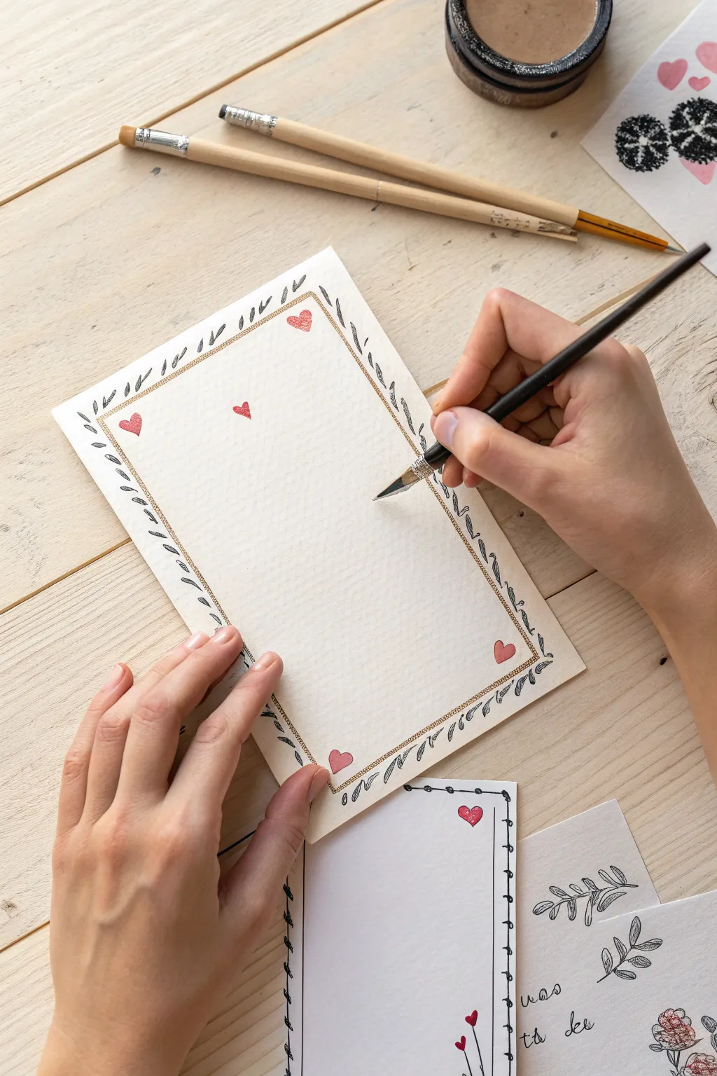 Cozy at-home art date: hand lettering on cotton paper with bold boho borders and soft light