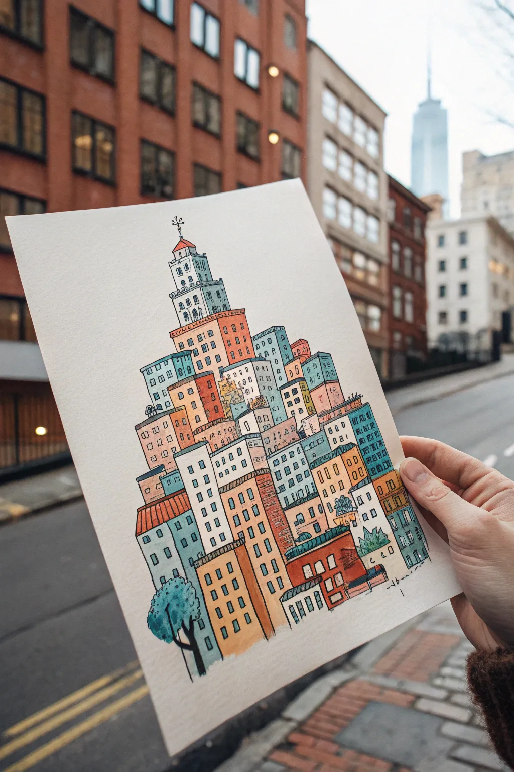Bold, vibrant dense cityscape with simple wonky perspective, crisp contrast, and minimalist boho vibes.
