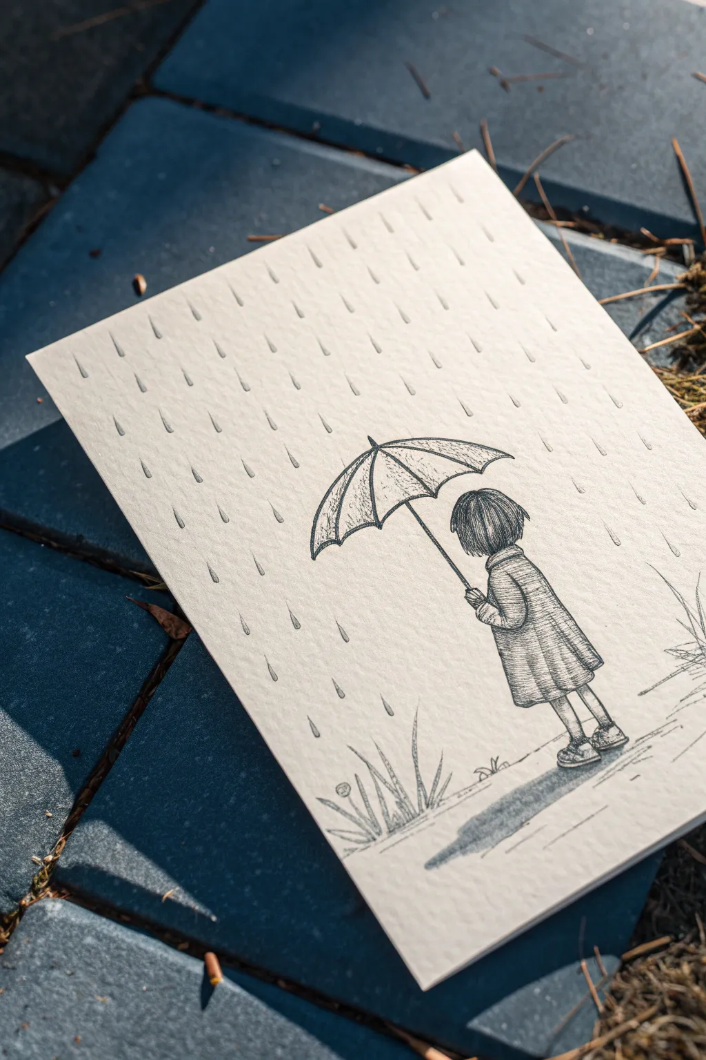 Beginner pencil sketch: umbrella figure in gentle rain with clean lines and a soft shadow mood.