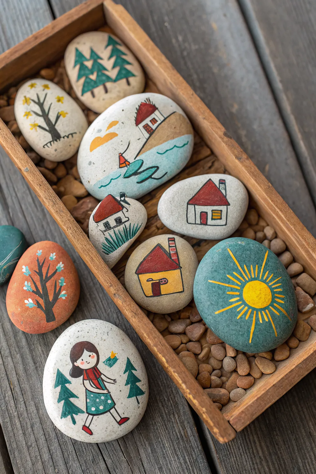 Hand-painted story stones in a wooden tray—simple, bold, ready for endless play at home.