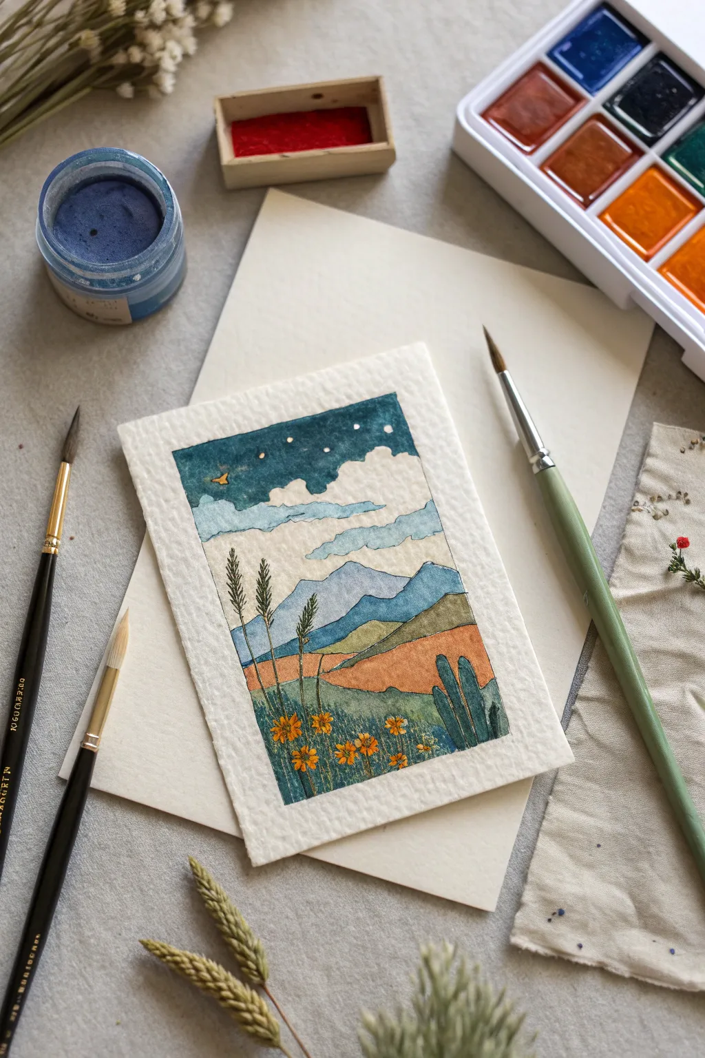 Miniature art-supply ATC on handmade paper with bold swatches in clean Scandinavian style
