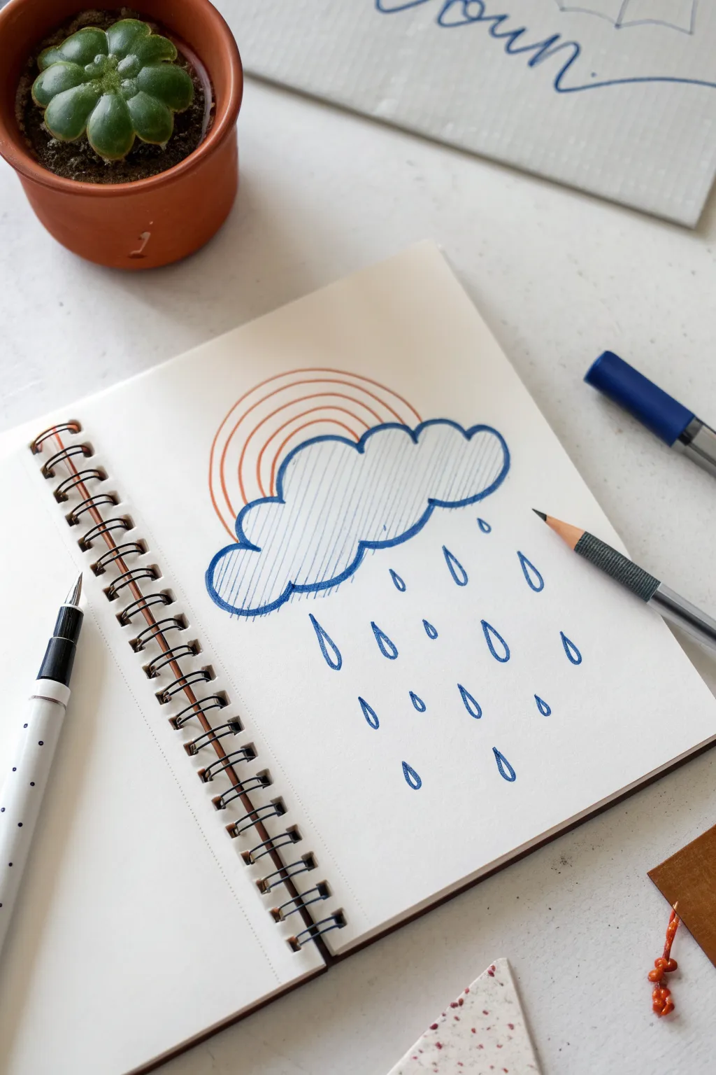 Modern dripping cloud drawing idea with stylized rain, bold blue contrast and minimalist boho charm.