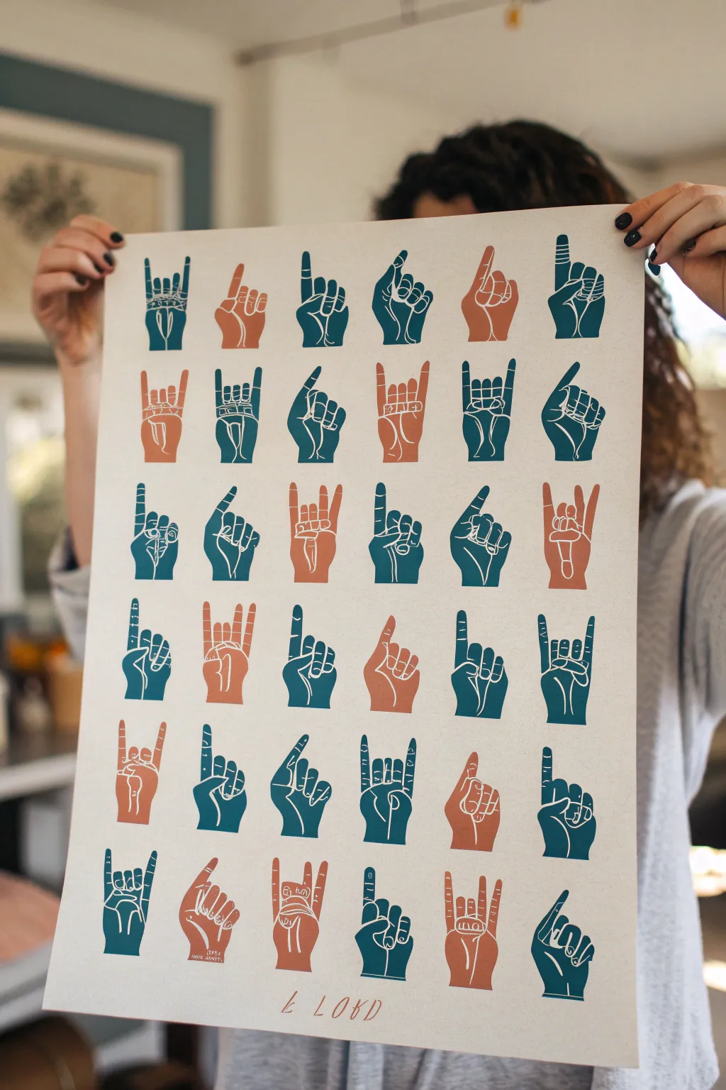 Minimal ASL handshape wallpaper pattern in bold two-tone colors, clean lines, and cozy Nordic style