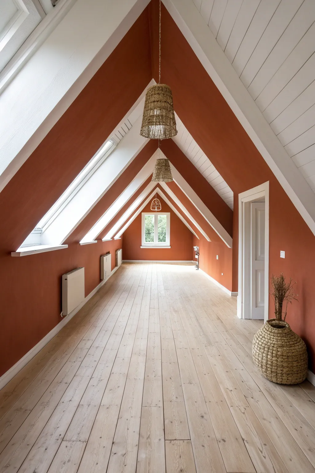 Paint the ceiling slope lighter to visually lift the attic roofline and create airy, taller space.