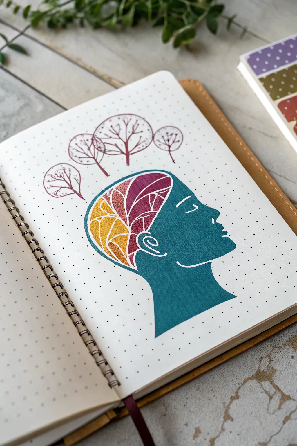 Create an emotion color map: head silhouette with bold zones and a tiny neurodiversity key.